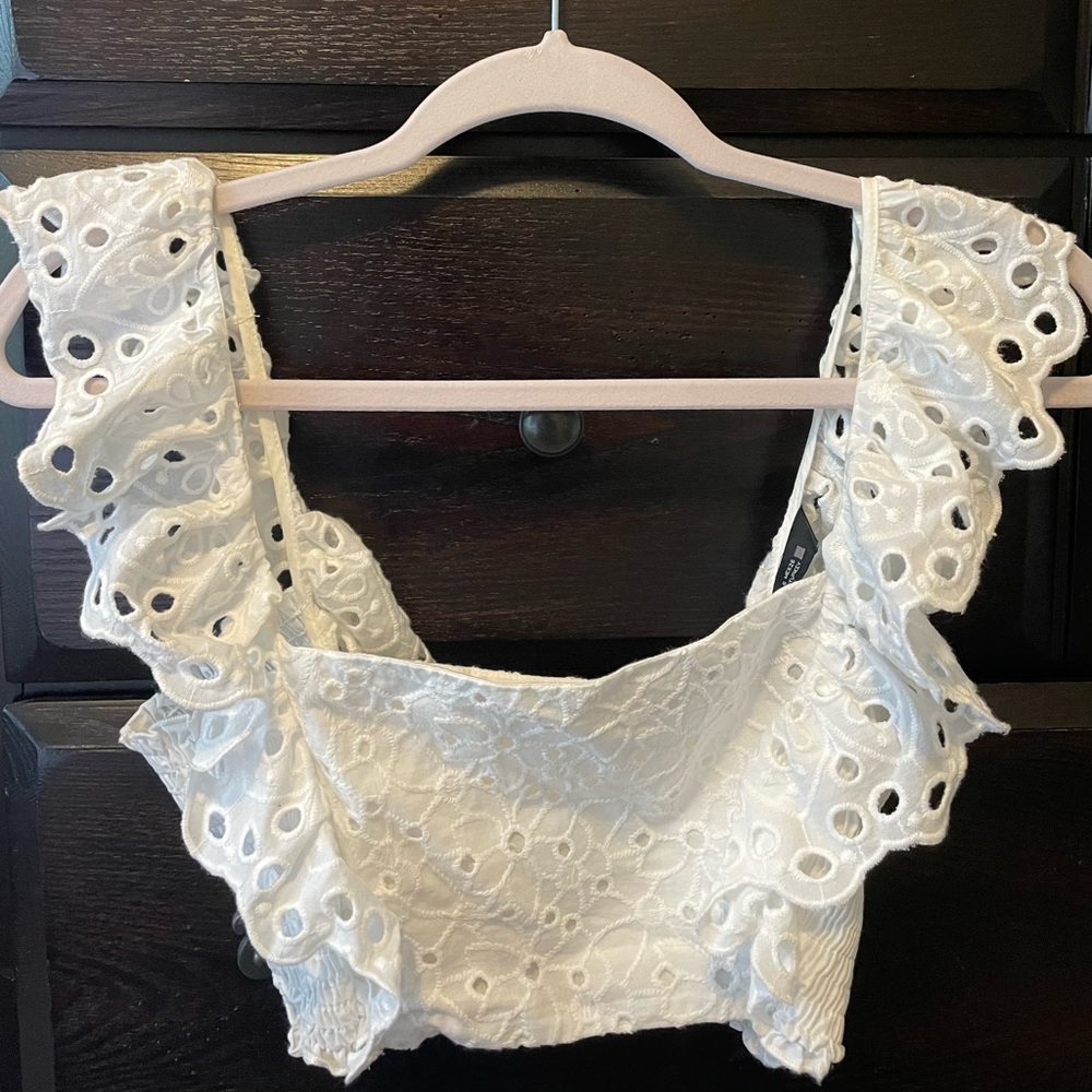 Zara Cropped White Eyelet Top